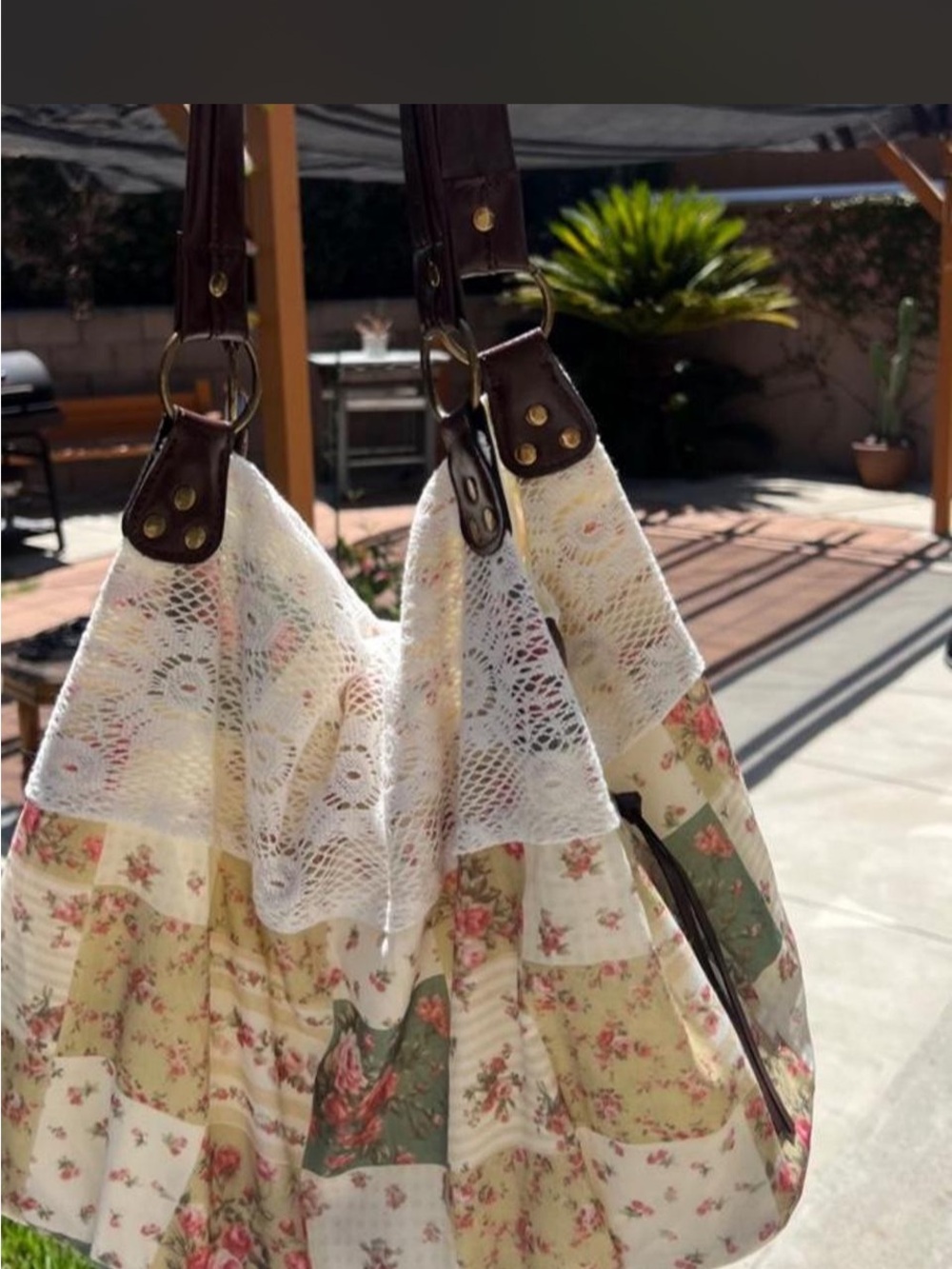 Source Unknown Cream & Green Floral Lace Patchwork Shoulder Bag